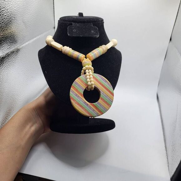 Unique Large Chunky Vintage 60s Long Striped Pendant Necklace - Picture 2 of 7